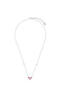 Silverfärgad kedjehalsband med en rosa fjärilsberlock, utsmyckad med två klara pärlor. Fint mönster och justerbar längd.