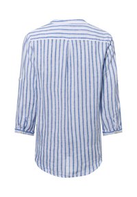 Gestreiftes Hemd mit blauen und weißen senkrechten Streifen, langen Ärmeln, geknöpften Manschetten und abgerundetem Saum. Aus leichtem Material gefertigt.