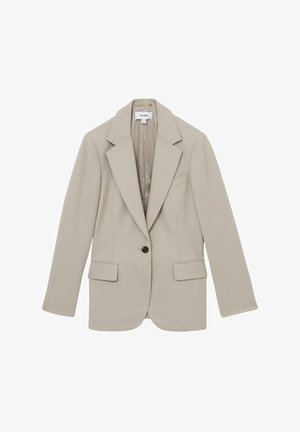 Beige skräddarsydd kavaj tillverkad av strukturerat tyg, med en knapp, snedskurna slag och två framfickor. Slät innerfoder.