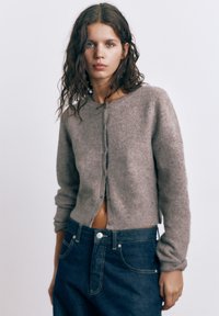 Ung kvinde med bølget brunt hår iført en knappet grå cropped sweater og højtaljede mørkeblå jeans mod en ensfarvet baggrund.