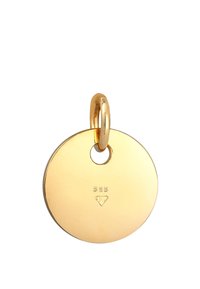 Guld cirkulært vedhæng med en glat overflade, et centralt hul og indgraverede mærker "585" samt et diamantlogo. Inkluderer en guld løkke.