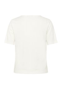 Krátký rukáv, bílé žebrované tričko s volným střihem a zaobleným výstřihem. Tkanina má hladkou texturu a nabízí prodyšný design.