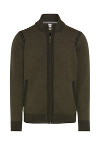 Dunkelgrüne Strickjacke mit hohem Kragen, Reißverschluss vorne und gerippten Bündchen; verfügt über Seitentaschen und leicht strukturierte Details.