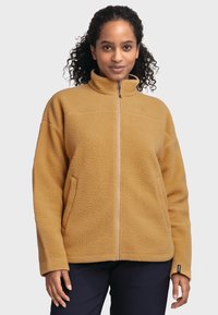 Fleece-Jacke in goldbrauner Farbe, mit hohem Kragen, durchgehendem Reißverschluss und Seitentaschen. Weich, strukturiert mit lockerer Passform.