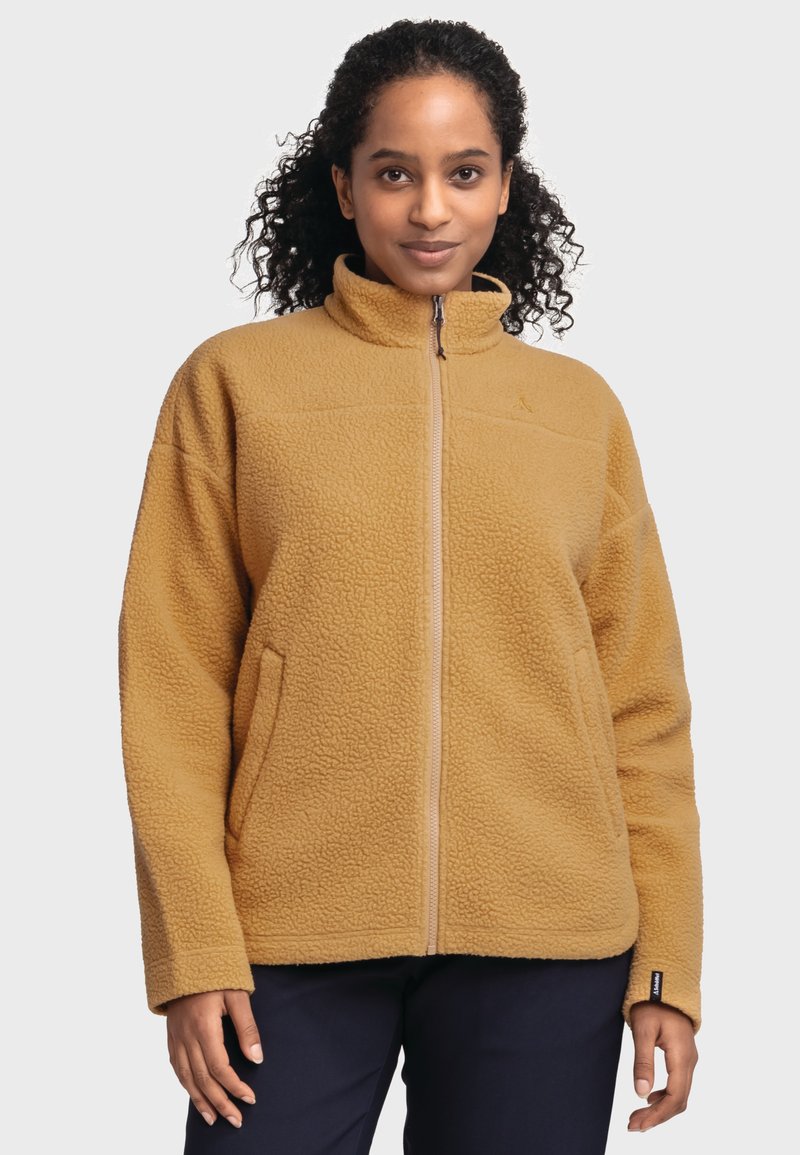 Fleece-Jacke in goldbrauner Farbe, mit hohem Kragen, durchgehendem Reißverschluss und Seitentaschen. Weich, strukturiert mit lockerer Passform.