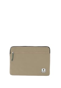 Custodia per laptop rettangolare beige con tasca frontale con zip, fodera interna nera e piccolo logo in tessuto bianco con icona ad albero.