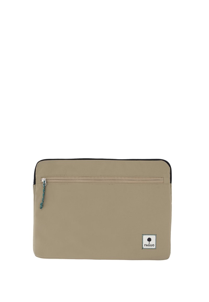 Custodia per laptop rettangolare beige con tasca frontale con zip, fodera interna nera e piccolo logo in tessuto bianco con icona ad albero.