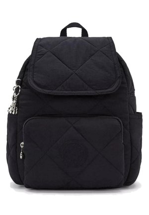Black quilted backpack with a fold-over flap, top handle, front zip pocket, and logo patch. Features silver hardware and a textured fabric.