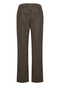 Donkerbruine, loszittende broek met een elastische tailleband, rechte pijpen en een zachte, gestructureerde stof. Geen zakken of zichtbare hardware.