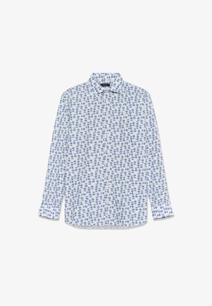 Weißes Hemd mit blauem Blattmuster. Lange Ärmel, Kragen mit Knopfleiste und abgerundeter Saum. Hergestellt aus leichtem, atmungsaktivem Stoff.