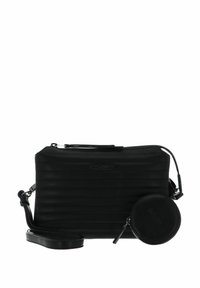 Schwarze Umhängetasche aus Leder mit geripptem Design, Reißverschluss und abnehmbarem rundem Münzbeutel. Verfügt über einen Schultergurt für mehr Komfort.