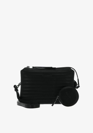 Black leather crossbody bag with ribbed design, zip closure, and detachable round coin pouch. Features a shoulder strap for convenience.