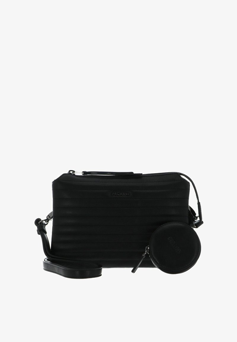 Schwarze Umhängetasche aus Leder mit geripptem Design, Reißverschluss und abnehmbarem rundem Münzbeutel. Verfügt über einen Schultergurt für mehr Komfort.