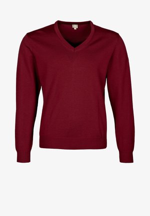 Burgundowy sweter z długim rękawem i dekoltem w serek, z prążkowanymi mankietami i dołem, wykonany z gładkiego dzianiny, prezentowany na białym tle.