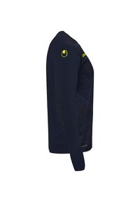 Chemise à manches longues marine en tissu extensible, dotée de lignes géométriques bleues, d'un logo sur l'épaule gauche et d'accents texturés sur les manches.