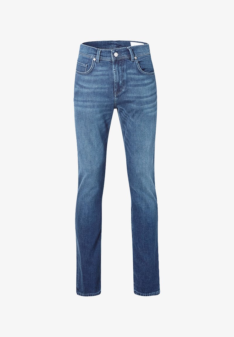 Jeans aus mittlerem Blau mit geradem Bein, ausgestattet mit einem klassischen Fünf-Taschen-Design, kontrastierenden Nähten und einem vorderen Knopfverschluss.