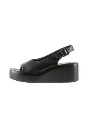 Schwarze Plateau-Slingback-Sandale mit Peeptoe und verstellbarem Schnallenriemen, ausgestattet mit einer dicken Sohle und einer glatten Lederoberfläche.