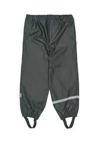 Vodoodporne temno sive hlače z elastičnim pasom, trakovi okoli gležnjev in reflektivnim sivim trakom čez noge. Gladek, sijoč tekstura.