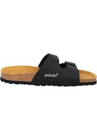 Sort slidesandal med to justerbare remme, korkfodersål, gummisål og en glat overflade. Brandlogoet "palado" er vist på siden.