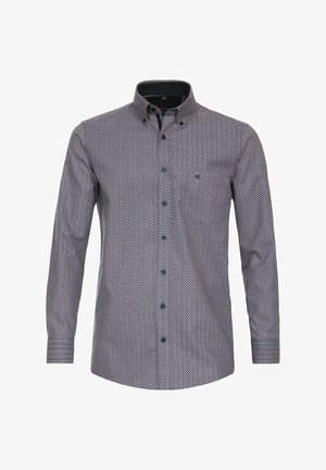 Langarmhemd mit geometrischem Muster in Marineblau und Weiß. Es hat einen Button-Down-Kragen, eine Brusttasche und schwarze Knöpfe.