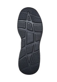Svart gummisåle med et teksturert mønster med diamantformer og spor for trekkraft og grep. Glatt midtseksjon.