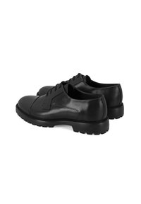 Schwarze Lederschuhe mit runder Zehenform, glatter Textur, Gummisohle und Schnürdesign. Mit kontrastierenden gestickten Details.