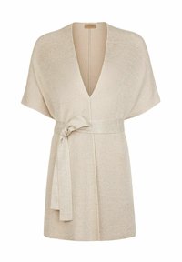 Stickad omslagskofta i ljusbeige med djup V-ringning, korta ärmar och knytbälte i midjan. Mjuk textur och minimalistisk design.