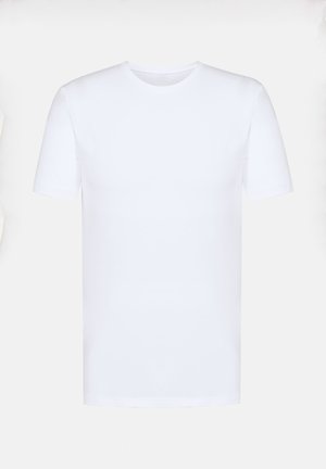 White cotton t-shirt with a round neckline, short sleeves, and a smooth, lightweight texture. No patterns or visible logos.