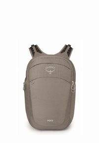 Sac à dos Osprey Poco en gris-brun, doté d'un tissu texturé, de bretelles en maille et d'une poche zippée à l'avant. Logo de la marque bien visible en haut.