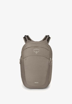 Sac à dos Osprey Poco en gris-brun, doté d'un tissu texturé, de bretelles en maille et d'une poche zippée à l'avant. Logo de la marque bien visible en haut.