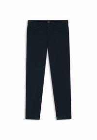 Jeans in denim blu navy con gamba dritta, design a cinque tasche e una sottile texture; presenta una patch con logo sulla cintura.