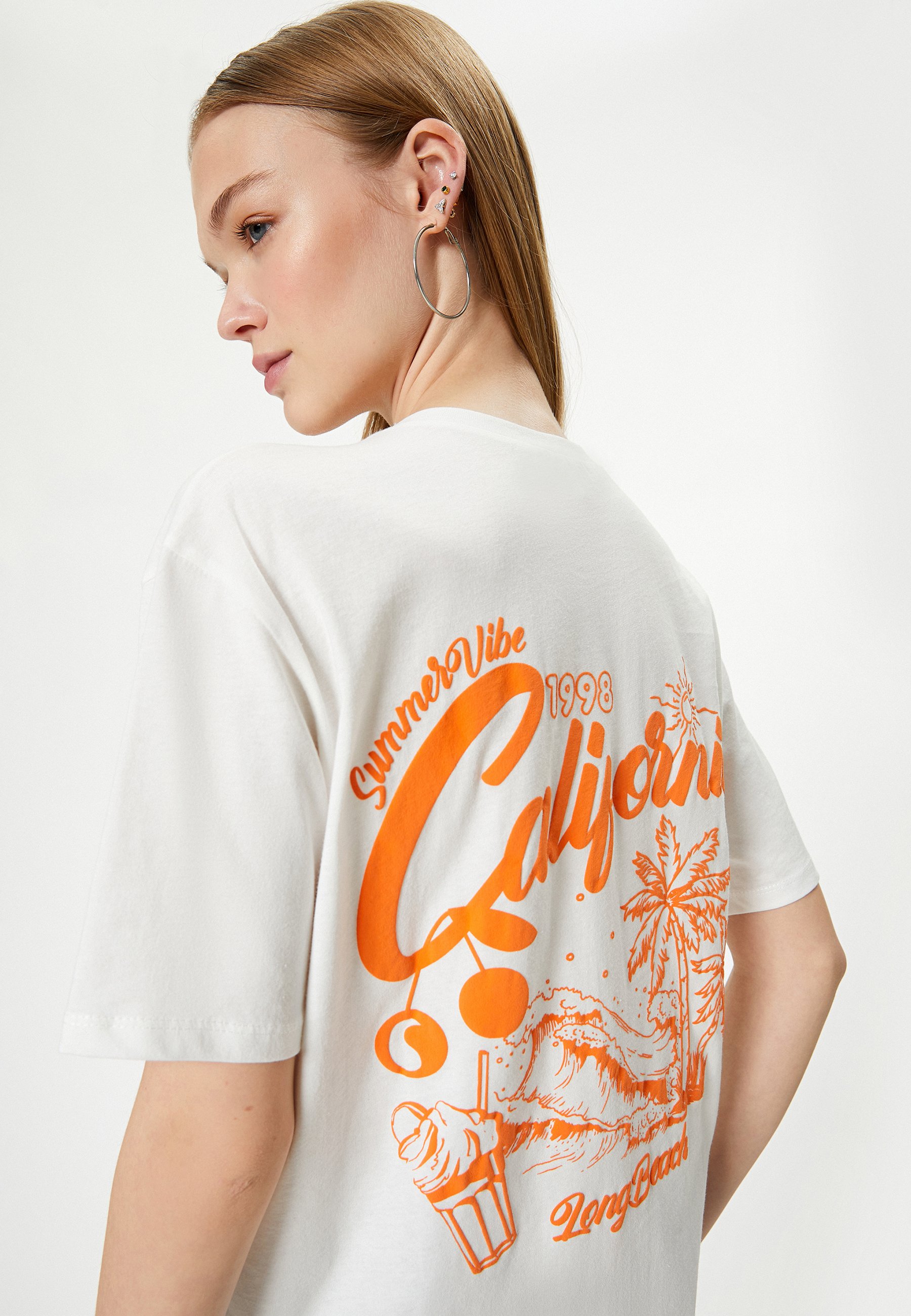 Koton Damen Baumwoll-T-Shirt Mit Print – Kurzärmlig, Off-white, Größe XS