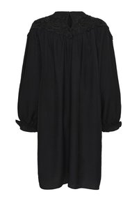 Robe noire à coupe décontractée, avec des manches longues à poignets élastiques et un détail en dentelle décorative à l'arrière.