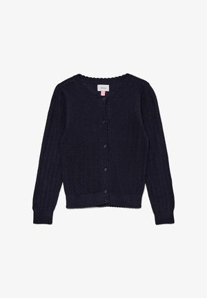 Cardigan tricoté bleu marine à manches longues, fermeture boutonnée sur le devant, bords festonnés et motif texturé sur toute la surface.