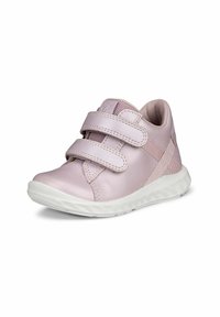 Velcro-sneakers i mjuk rosa läder med nätpaneler, rund tå och vit gummisula. Har diagonala sidodetaljer.