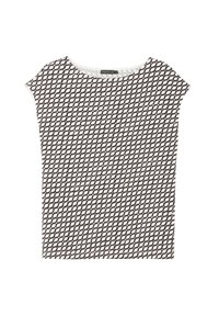 Czarny i biały top w wzory z geometrycznym designem. Ma szeroki okrągły dekolt i krótkie rękawy, a także delikatną teksturę materiału.