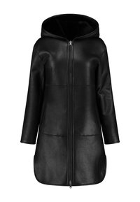 Zwarte leren jas met een rits aan de voorkant, capuchon en lange mouwen. Glad textuur met twee voorzakken en een afgeronde zoom.