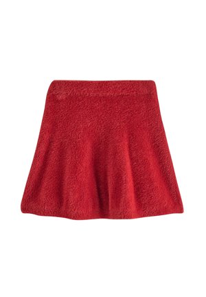 Roter, ausgestellt Rock aus weichem, flauschigem Stoff. Verfügt über einen elastischen Bund und eine glatte Textur, ideal für die Freizeit.