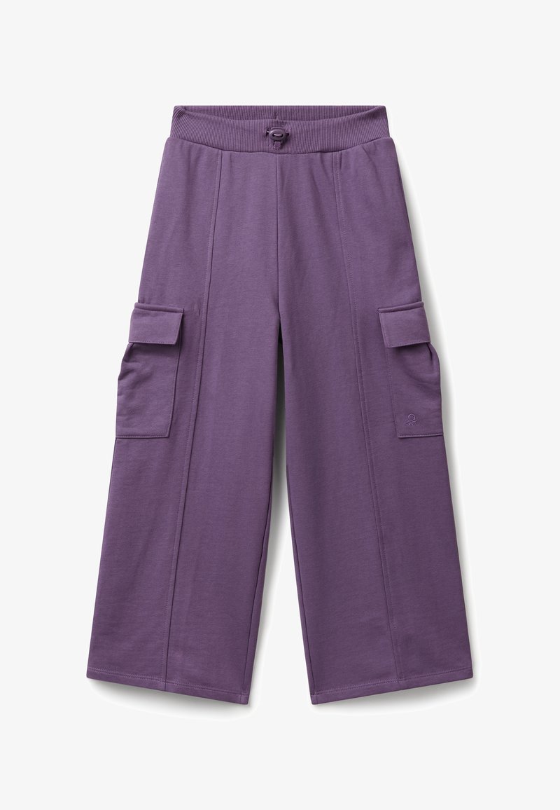 Lila weite Hose mit elastischem Bund, verstellbarem Kordelzug und Klappentaschen an beiden Oberschenkeln.