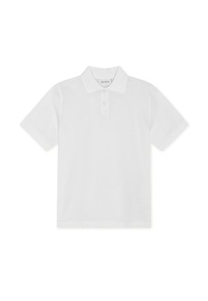 White polo shirt made of cotton with a collared neckline, three-button placket, and short sleeves. Features a small logo on the chest.
