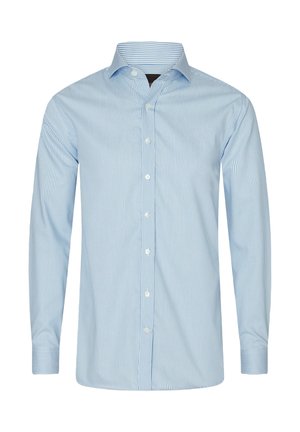 Lichtblauw overhemd met knopen en fijne witte strepen, lange mouwen, een spread collar en witte knopen aan de voorkant. Glad katoenmateriaal.