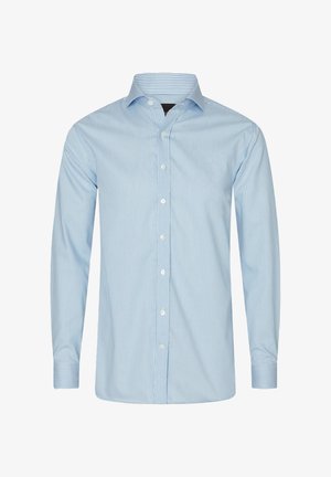 Camicia button-up azzurro chiaro con sottili righe bianche, maniche lunghe, colletto a punta e bottoni bianchi lungo il davanti. Texture in cotone liscia.