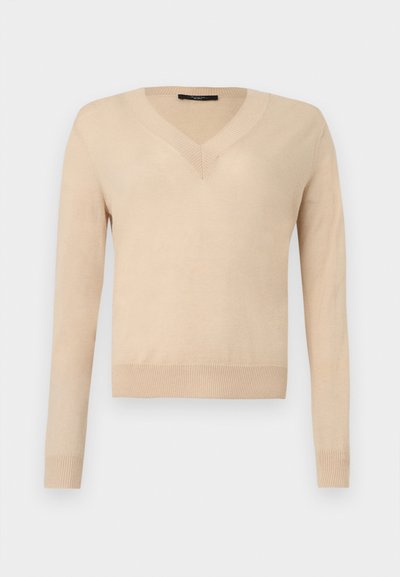 Pull beige à manches longues avec encolure en V, poignets et ourlet côtelés, tissu tricoté uni, présenté sur un fond blanc.