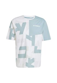 Short-sleeve T-shirt in white and light blue, featuring geometric patterns and a solid blue panel with "TERREX" logo on the upper side.