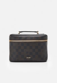 Brown checkered cosmetic bag with a gold zipper and handle, featuring a textured leather exterior and a gold embossed logo on the front.