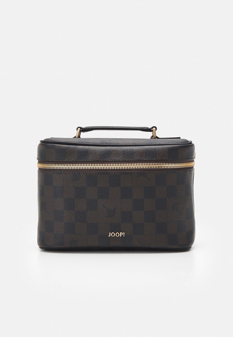 Brown checkered cosmetic bag with a gold zipper and handle, featuring a textured leather exterior and a gold embossed logo on the front.