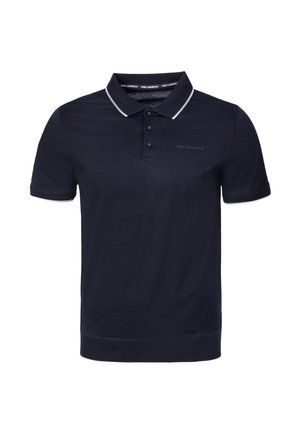 Polo nera a maniche corte con colletto e maniche bordate di bianco, caratterizzata da tre bottoni e dal logo "Karl Lagerfeld" discreto sul petto.