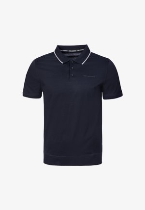 Black short-sleeve polo shirt with white-trimmed collar and sleeves, featuring three buttons and subtle "Karl Lagerfeld" logo on chest.