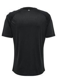 Camiseta deportiva negra de manga corta con un pequeño logo blanco "XK" centrado cerca del cuello superior trasero.