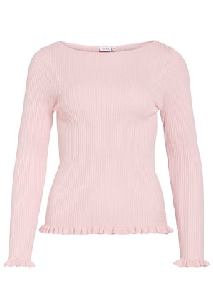 Jasnoróżowy prążkowany top z długim rękawem, dekoltem w łódkę oraz falbankami na mankietach i dole.